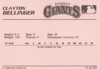 1989 Star Everett Giants #2 Clay Bellinger Back