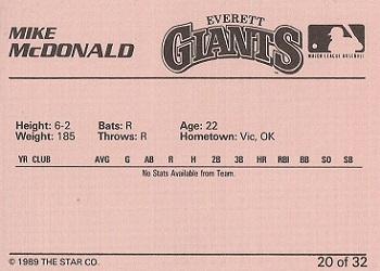 1989 Star Everett Giants #20 Mike McDonald Back