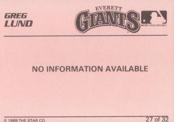 1989 Star Everett Giants #27 Greg Lund Back