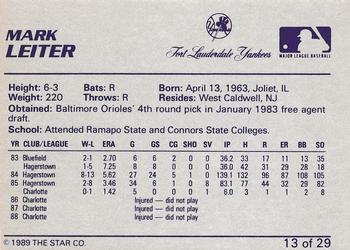 1989 Star Ft. Lauderdale Yankees #13 Mark Leiter Back