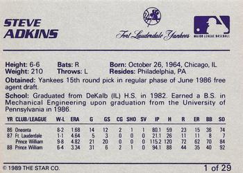 1989 Star Ft. Lauderdale Yankees #1 Steve Adkins Back