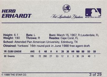 1989 Star Ft. Lauderdale Yankees #3 Herb Erhardt Back