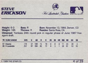 1989 Star Ft. Lauderdale Yankees #4 Steve Erickson Back