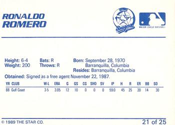 1989 Star Gastonia Rangers #21 Ronaldo Romero Back