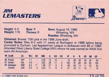 1989 Star Greenville Braves #13 Jim LeMasters Back