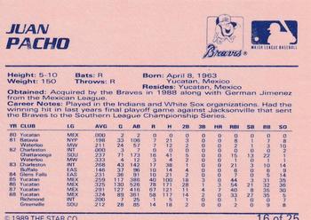 1989 Star Greenville Braves #16 Juan Pacho Back