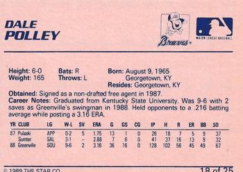 1989 Star Greenville Braves #18 Dale Polley Back