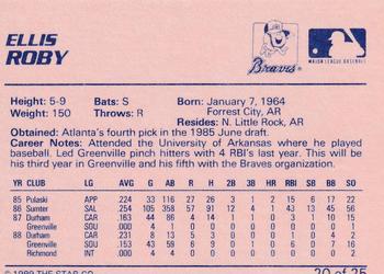1989 Star Greenville Braves #20 Ellis Roby Back
