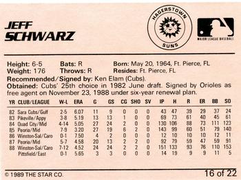1989 Star Hagerstown Suns #16 Jeff Schwarz Back