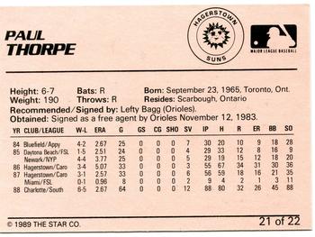 1989 Star Hagerstown Suns #21 Paul Thorpe Back