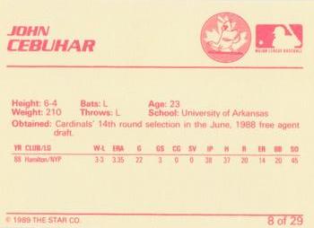 1989 Star Hamilton Redbirds #8 John Cebuhar Back