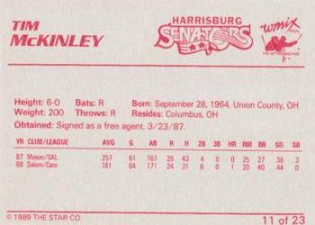 1989 Star Harrisburg Senators #11 Tim McKinley Back