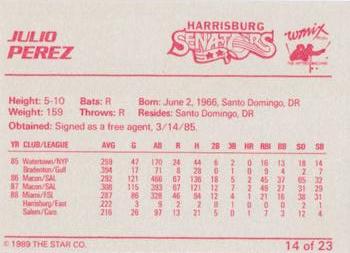 1989 Star Harrisburg Senators #14 Julio Perez Back