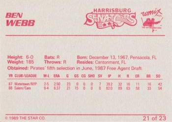 1989 Star Harrisburg Senators #21 Ben Webb Back