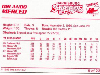 1989 Star Harrisburg Senators #9 Orlando Merced Back