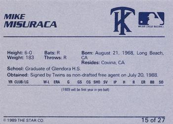 1989 Star Kenosha Twins #15 Mike Misuraca Back