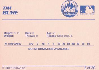 1989 Star Kingsport Mets #2 Tim Buhe Back
