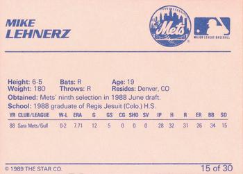 1989 Star Kingsport Mets #15 Mike Lehnerz Back