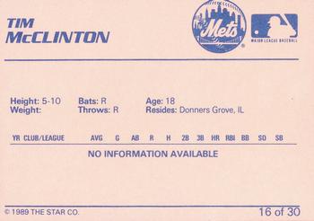 1989 Star Kingsport Mets #16 Tim McClinton Back