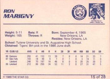 1989 Star Lakeland Tigers #15 Ron Marigny Back