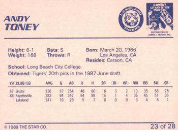 1989 Star Lakeland Tigers #23 Andy Toney Back