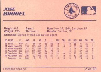1989 Star Lynchburg Red Sox #2 Jose Birriel Back