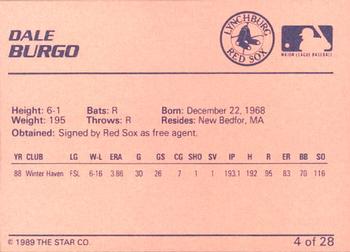 1989 Star Lynchburg Red Sox #4 Dale Burgo Back