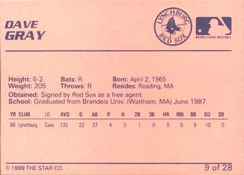 1989 Star Lynchburg Red Sox #9 Dave Gray Back
