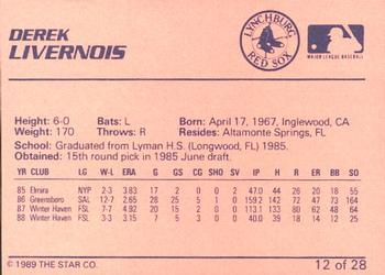 1989 Star Lynchburg Red Sox #12 Derek Livernois Back
