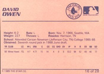 1989 Star Lynchburg Red Sox #16 David Owen Back