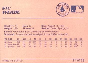 1989 Star Lynchburg Red Sox #21 Stu Weidie Back