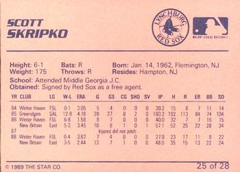 1989 Star Lynchburg Red Sox #25 Scott Skripko Back
