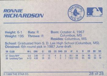 1989 Star Lynchburg Red Sox #28 Ronnie Richardson Back