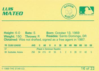 1989 Star Madison Muskies #16 Luis Mateo Back
