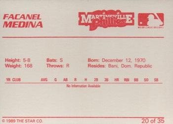 1989 Star Martinsville Phillies #20 Facaner Medina Back