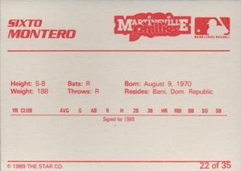 1989 Star Martinsville Phillies #22 Sixto Montero Back