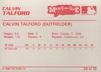 1989 Star Martinsville Phillies #29 Calvin Talford Back