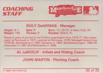 1989 Star Martinsville Phillies #35 Coaching Staff (Roly De Armas / Al LeBoeuf / John Martin) Back