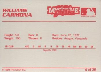 1989 Star Martinsville Phillies #4 Williams Carmona Back