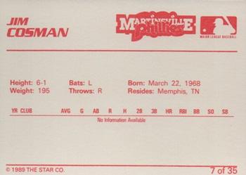 1989 Star Martinsville Phillies #7 Jim Cosman Back