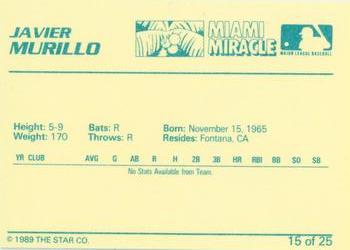1989 Star Miami Miracle I #15 Javier Murillo Back
