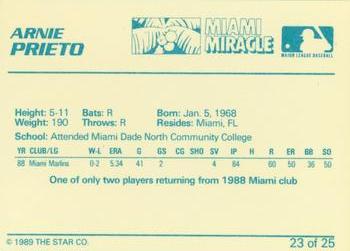 1989 Star Miami Miracle I #23 Arnie Prieto Back