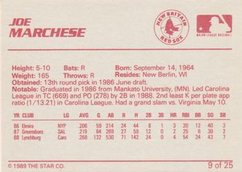 1989 Star New Britain Red Sox #9 Joe Marchese Back