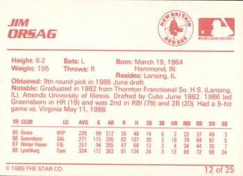1989 Star New Britain Red Sox #12 Jim Orsag Back
