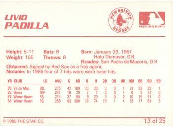 1989 Star New Britain Red Sox #13 Livio Padilla Back