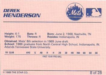 1989 Star Pittsfield Mets #8 Derek Henderson Back