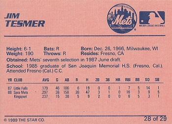 1989 Star Pittsfield Mets #28 Jim Tesmer Back