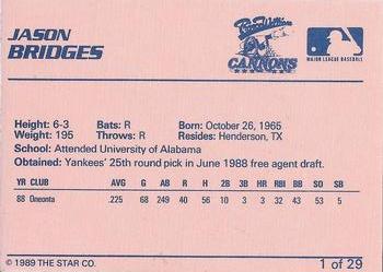 1989 Star Prince William Cannons #1 Jason Bridges Back