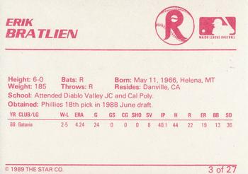1989 Star Reading Phillies #3 Erik Bratlien Back
