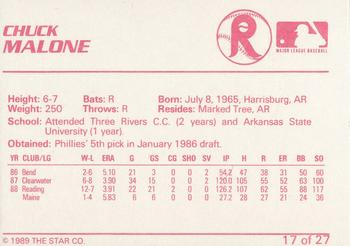 1989 Star Reading Phillies #17 Chuck Malone Back